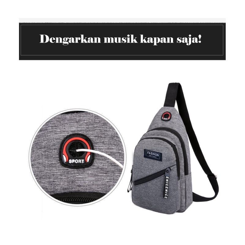 Holiven Sling Bag Pria ala korea dengan lubang USB untuk isi daya HP Tas Selempang Pria