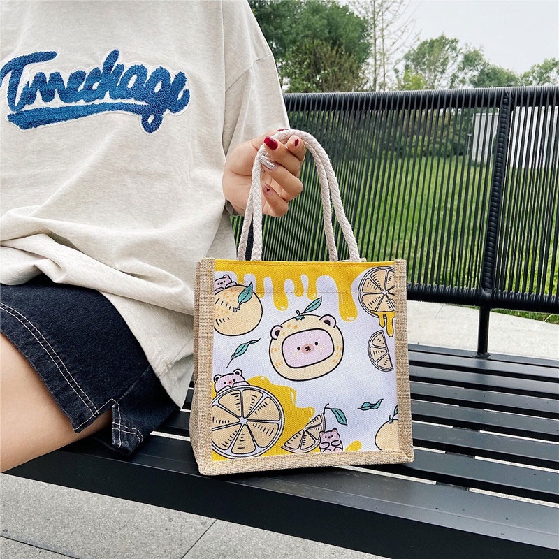 Holiven Tas Kain Berkapasitas Besar- Tas Jinjing dengan Tas Rami Imitasi Kartun Beras