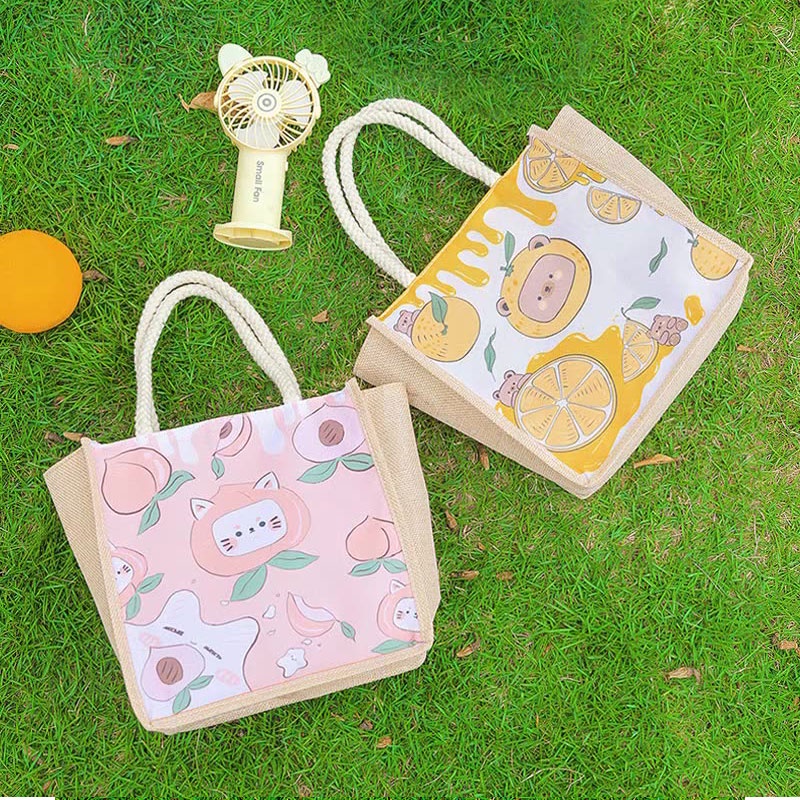 Holiven Tas Kain Berkapasitas Besar- Tas Jinjing dengan Tas Rami Imitasi Kartun Beras