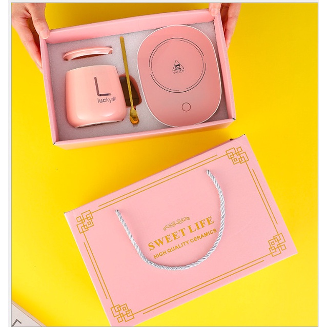 GELAS SET MUG CANGKIR LISTRIK DENGAN PEMANAS ELEKTRIK KERAMIK TEA CUP - PINK