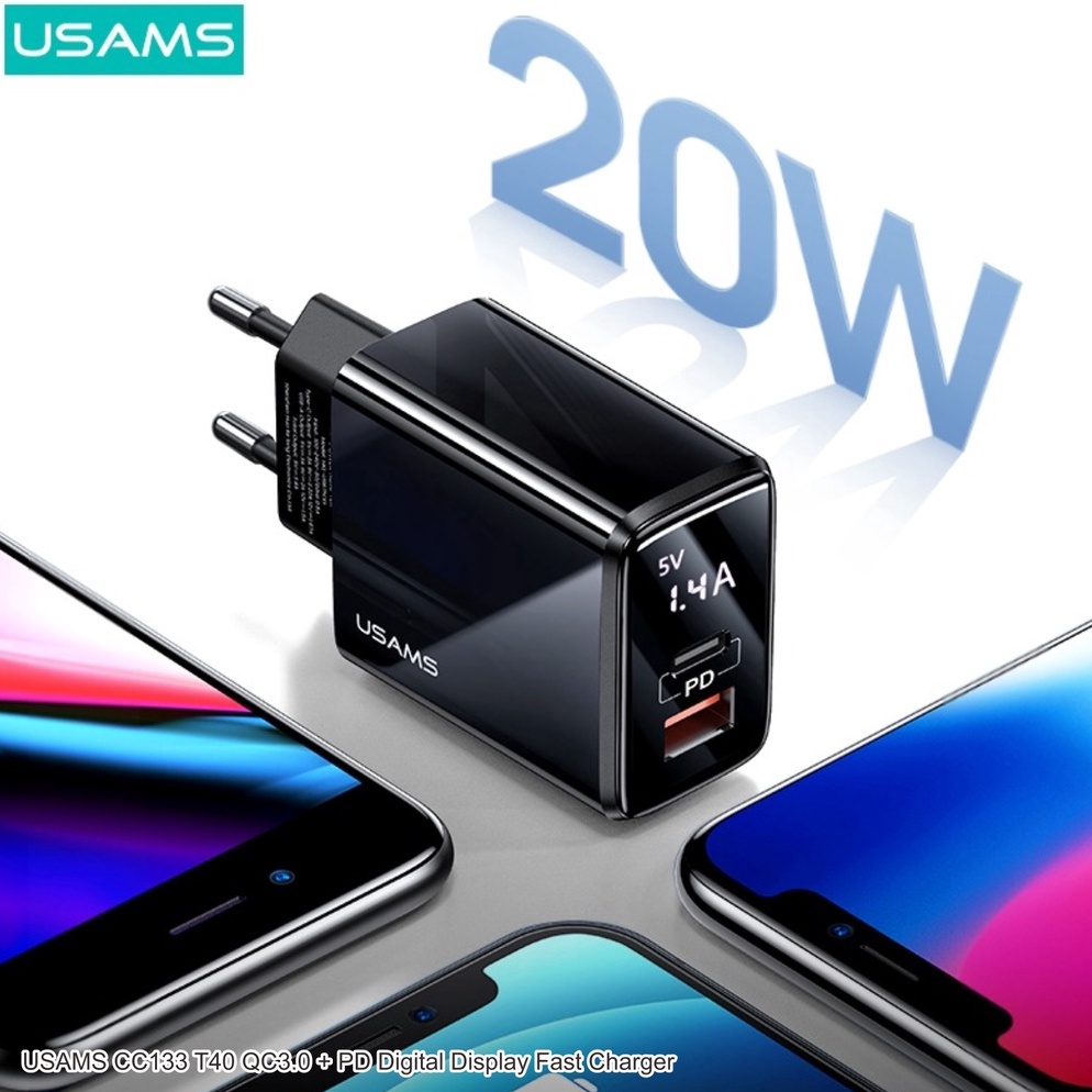 New Stock USAMS T40 Adapter Charger Fast Charge Digital Display PD20W QC3.0