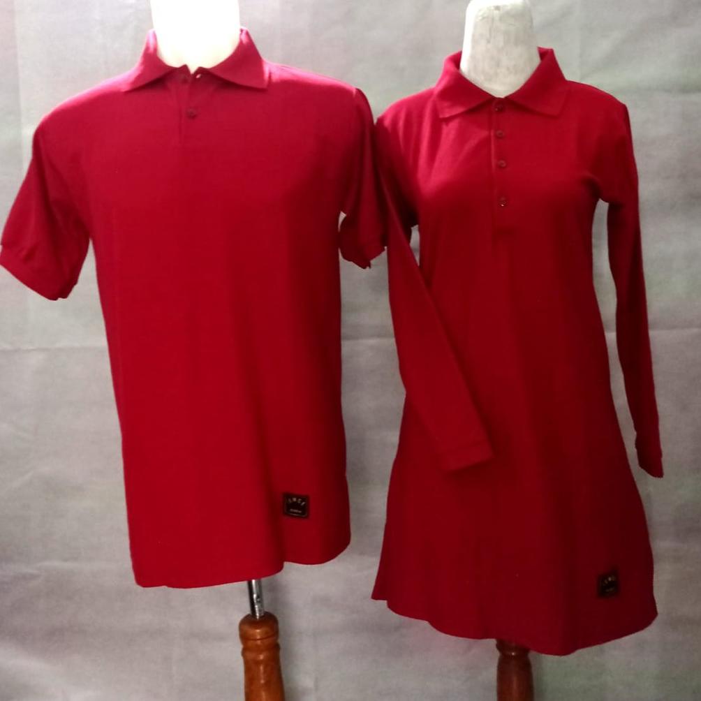 TERLARIS S-XXXL Kaos Polos Couple Polo Tunik Muslimah Merah Kancing Depan Busui/Seragam Kantor/Santa
