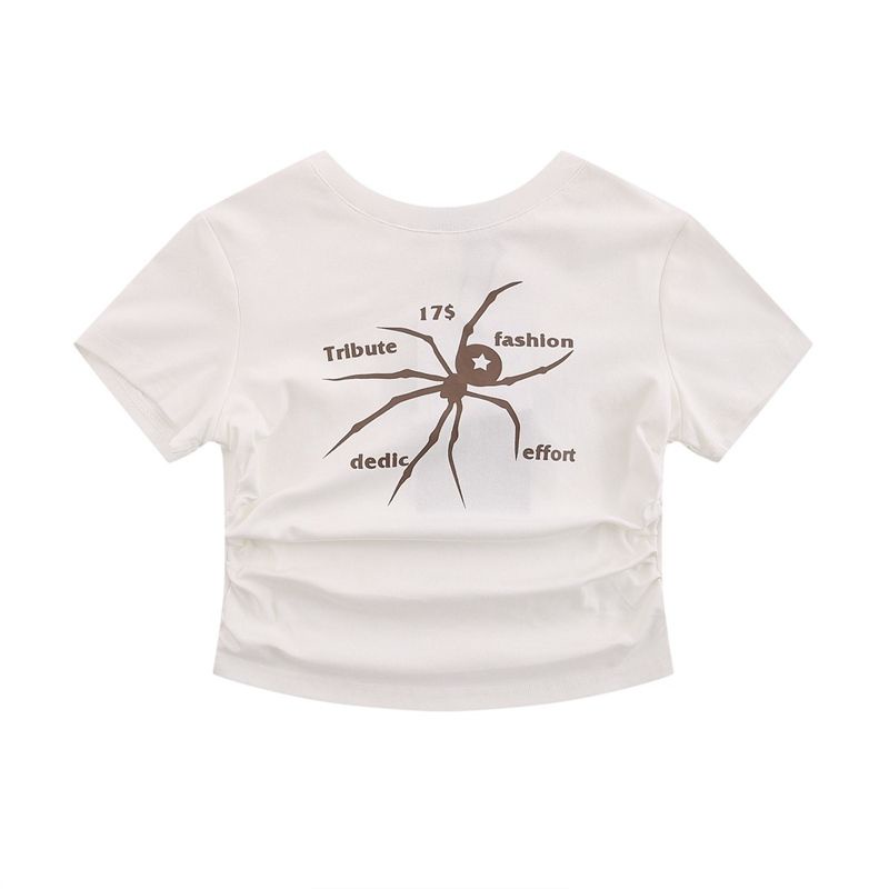 Red Kapas Spider Cetak Pendek Lipit T-shirt Slim Street Niche Y2k Gadis Panas Amerika Pusar Lengan Pendek Musim Panas Atas