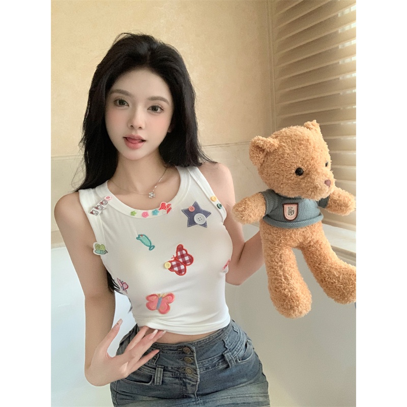 Red Manis dan keren hot gadis kartun cetak kamisol wanita musim panas kupu-kupu putih bordir bagian pendek jaket bagian dalam pakaian luar