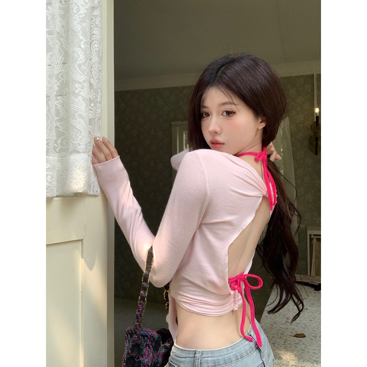 Red Murni Keinginan Angin Gadis Panas Suit Tabir Surya Blus Lengan Panjang T-shirt Musim Panas Wanita Menggantung Leher Kamisol Top Dua potong Set