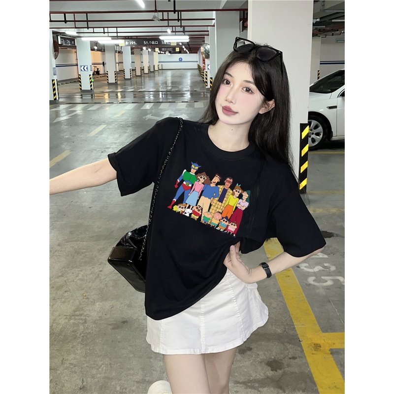 EUNII T-shirt Lengan Pendek Cartoon Crayon Shin-Chan Korean Style/Kaos Atasan Wanita/Baju Kaus Oversize Wanita/Kaos Wanita