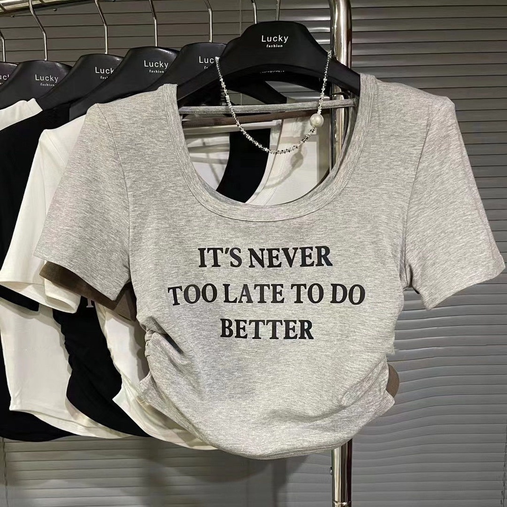 Red American U-Leher Huruf Cetak Backless Lengan Pendek T-shirt Wanita Lipit Murni Keinginan Gaya Hot Girl Slim Slim pendek Top Pasang