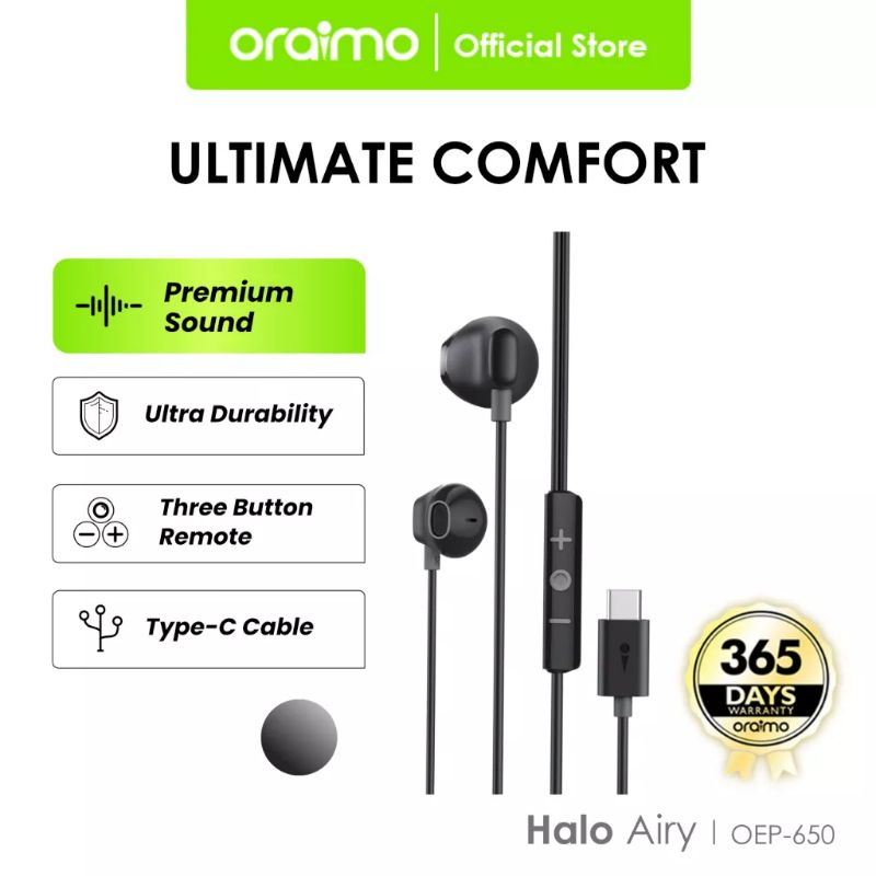 Oraimo Wired Earphone Kabel Handphone Type-C Halo C 1.2 OEP-650