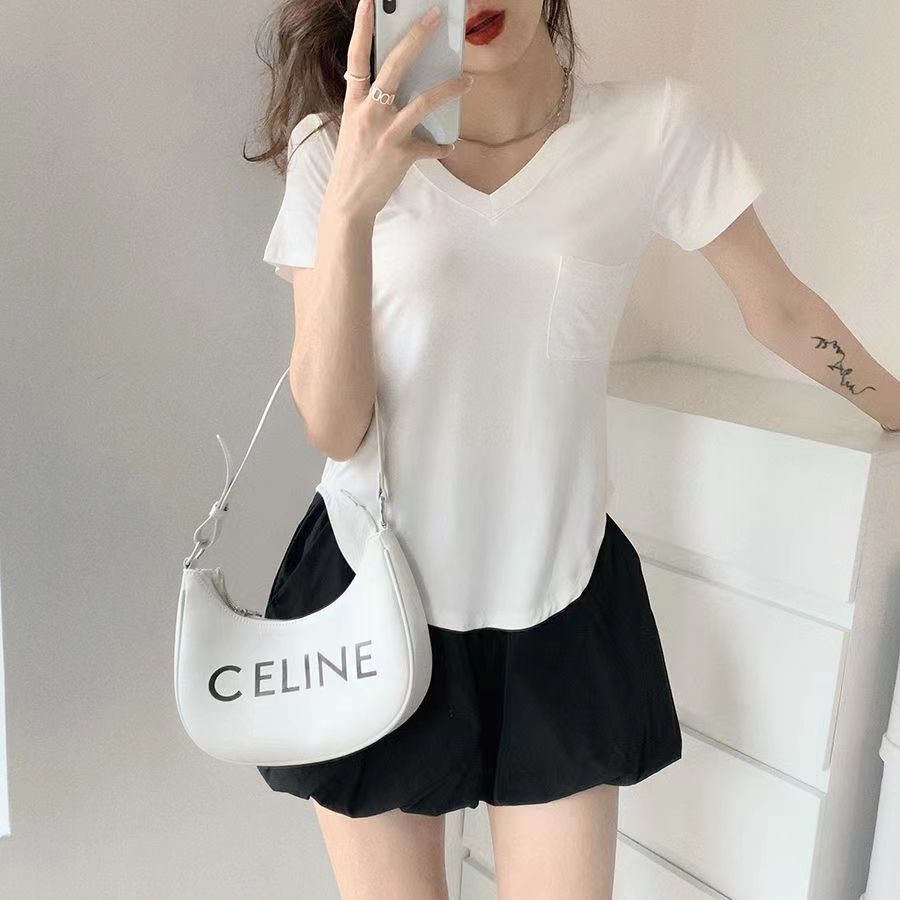 Red Katun Modal V-Leher Olahraga Lengan Pendek T-shirt Wanita Bahu Terlihat Tipis Musim Panas Bagian Tipis Menggantungkan Keliman Melengkung Murni Desire Top