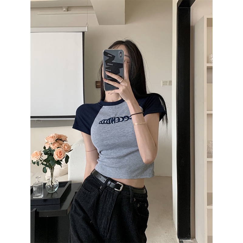 Red Retro hot girl bm style short summer top hit color letter bordir slim short sleeve shoulder pink t-shirt female ins