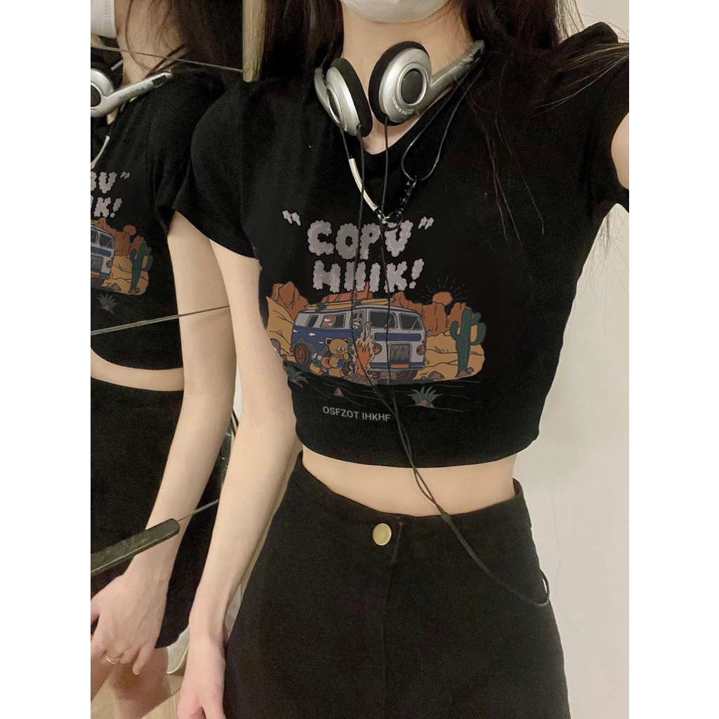 Red American retro gadis hot bahu depan hitam lengan pendek t-shirt wanita musim panas rasa desain niche tinggi pinggang pendek crop top