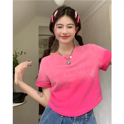 Red 100% katun musim panas baru Amerika retro hot gadis gradien warna lengan pendek T-shirt huruf tie-dye pendek top wanita ins