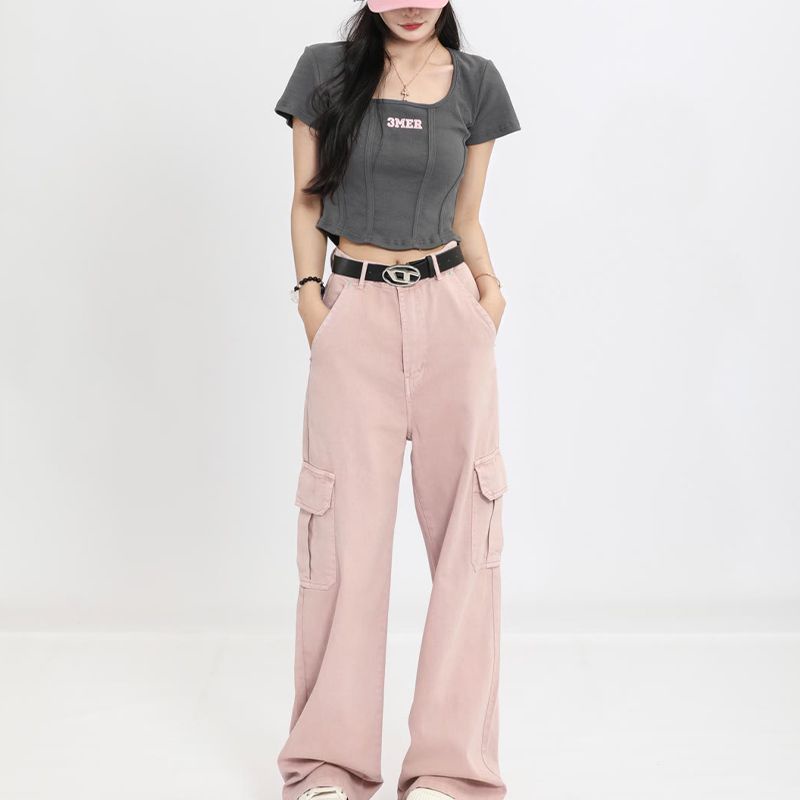 Red Retro Pure Desire Spice Girl Gaya Melengkung Pinggang Perban Atasan Pendek Wanita Slim Tulang Ikan Slim Leher Bulat Lengan Pendek T-Shirt