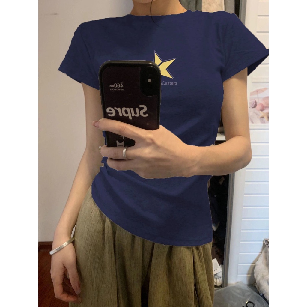 Red Amerika retro bahu depan bintang lengan pendek t-shirt wanita musim panas rasa desain niche slim slim hot girl short top