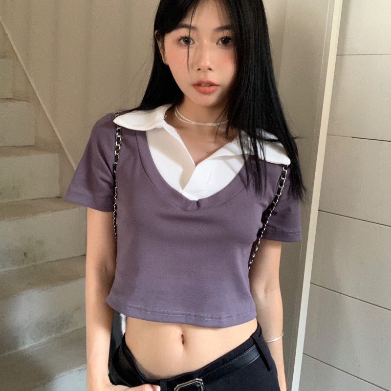 Red Palsu dua potong warna kontras bahu depan polo shirt versi Korea dari katun murni lengan pendek t-shirt wanita musim panas hot girl slim pendek top pasang