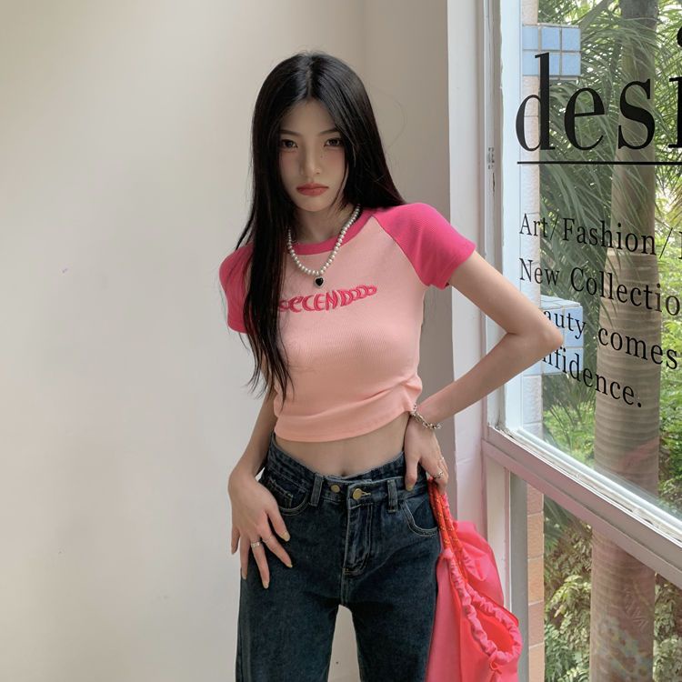 Red Musim panas gadis hot pendek lengan pendek T-shirt wanita huruf bordir raglan bahu warna yang cocok slim fit pinggang tinggi crop top
