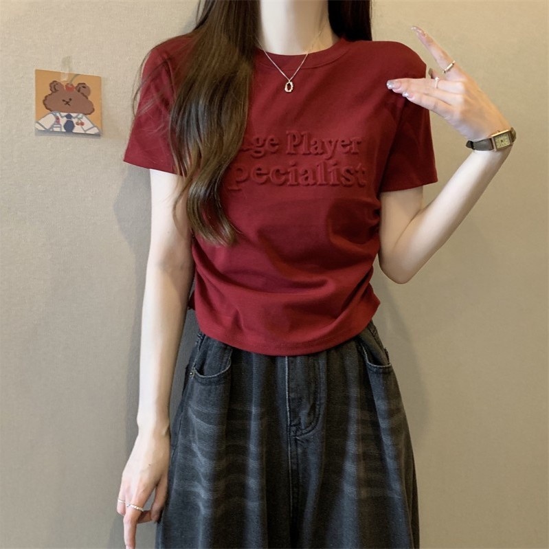 Red Katun murni huruf tiga dimensi pendek t-shirt wanita musim panas rasa desain niche chic atasan ramping dan kecil tidak beraturan