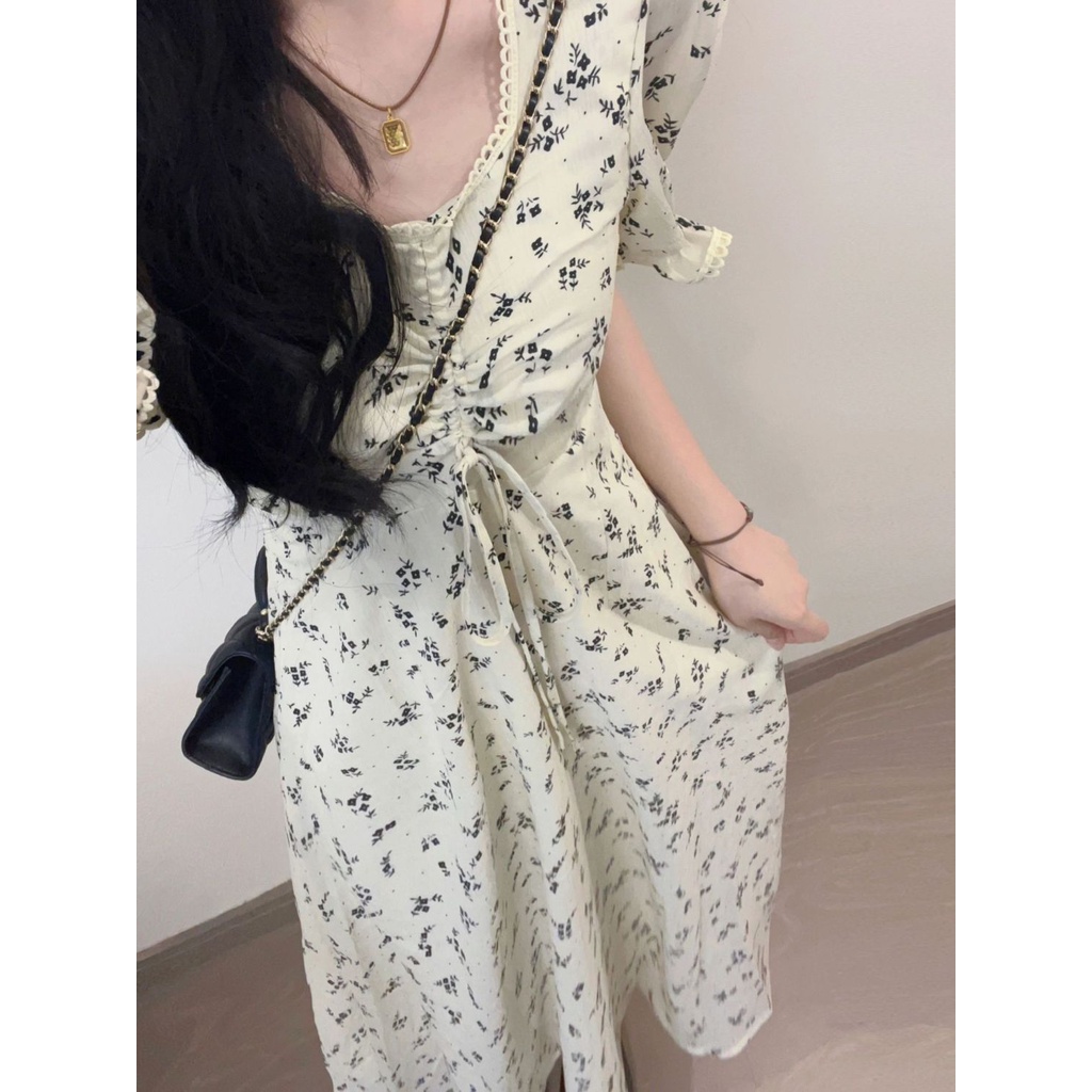 Red Pear Tiga Belas LSSAN Bahasa Perancis Puff Sleeve Floral Gaun Musim Panas Wanita High Waist Slim Chic Unik A-Line Rok