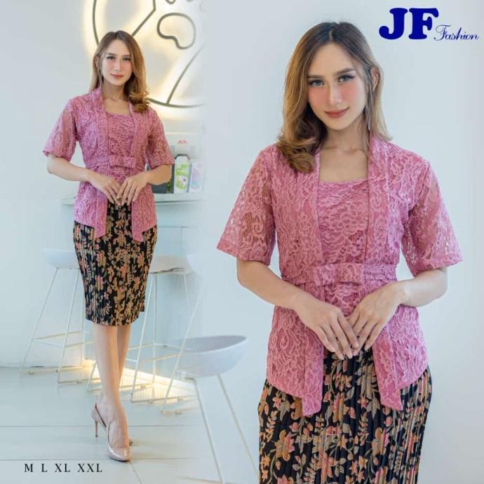 setelan kebaya brokat kutu baru lengan pendek/kebaya modern/kebaya