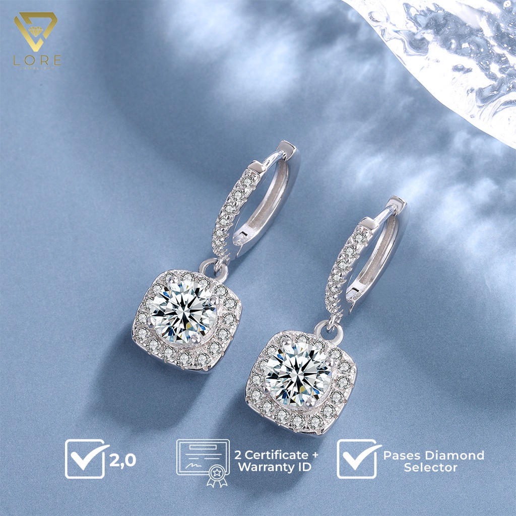 Lore Jewellery  - Anting Moissanite Lapis Emas 18k - Square Shaped Moissanite Earrings 1 Carat*2 [GRA Certificated and After Sales Warranty]