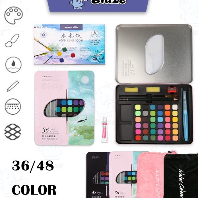 

️✔️✔️ BIAZE 36/48 Watercolor Paint Set Warna Solid Alat Cat Air (Termasuk Kuas dan Kertas Gambara) grosir