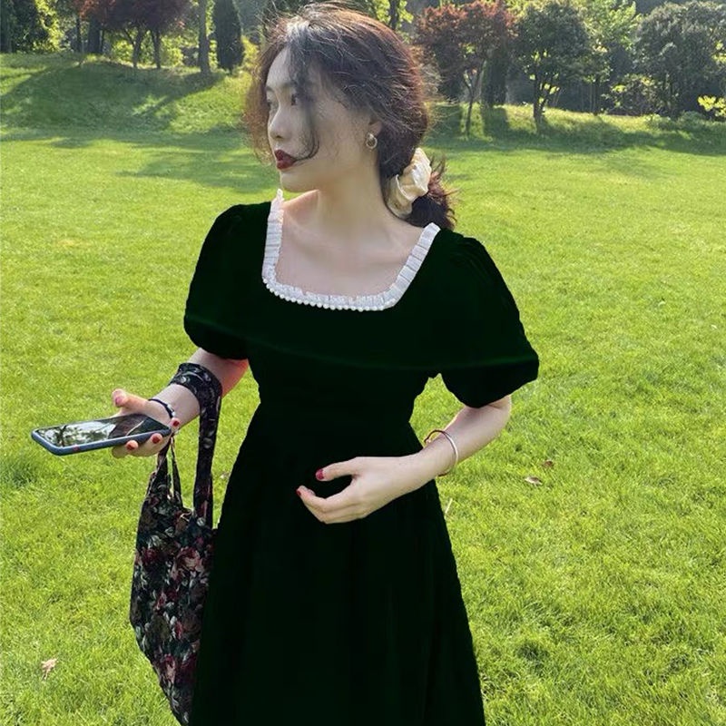 Red Perancis retro lengan pendek gaun musim panas pakaian wanita baru mutiara persegi kerah slim dan asin manis platycodon mid-length dress untuk wanita