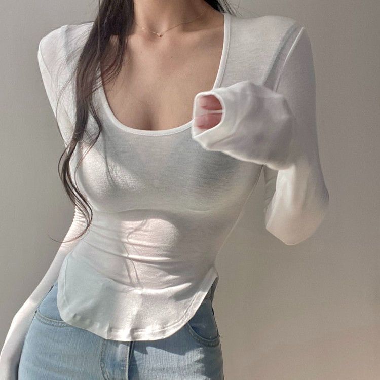 Red Raksasa seksi ~ U-leher menunjukkan dada besar lengan panjang t-shirt wanita bagian tipis mikro-permeabel tubuh ketat menunjukkan bagian dalam kemeja top musim gugur