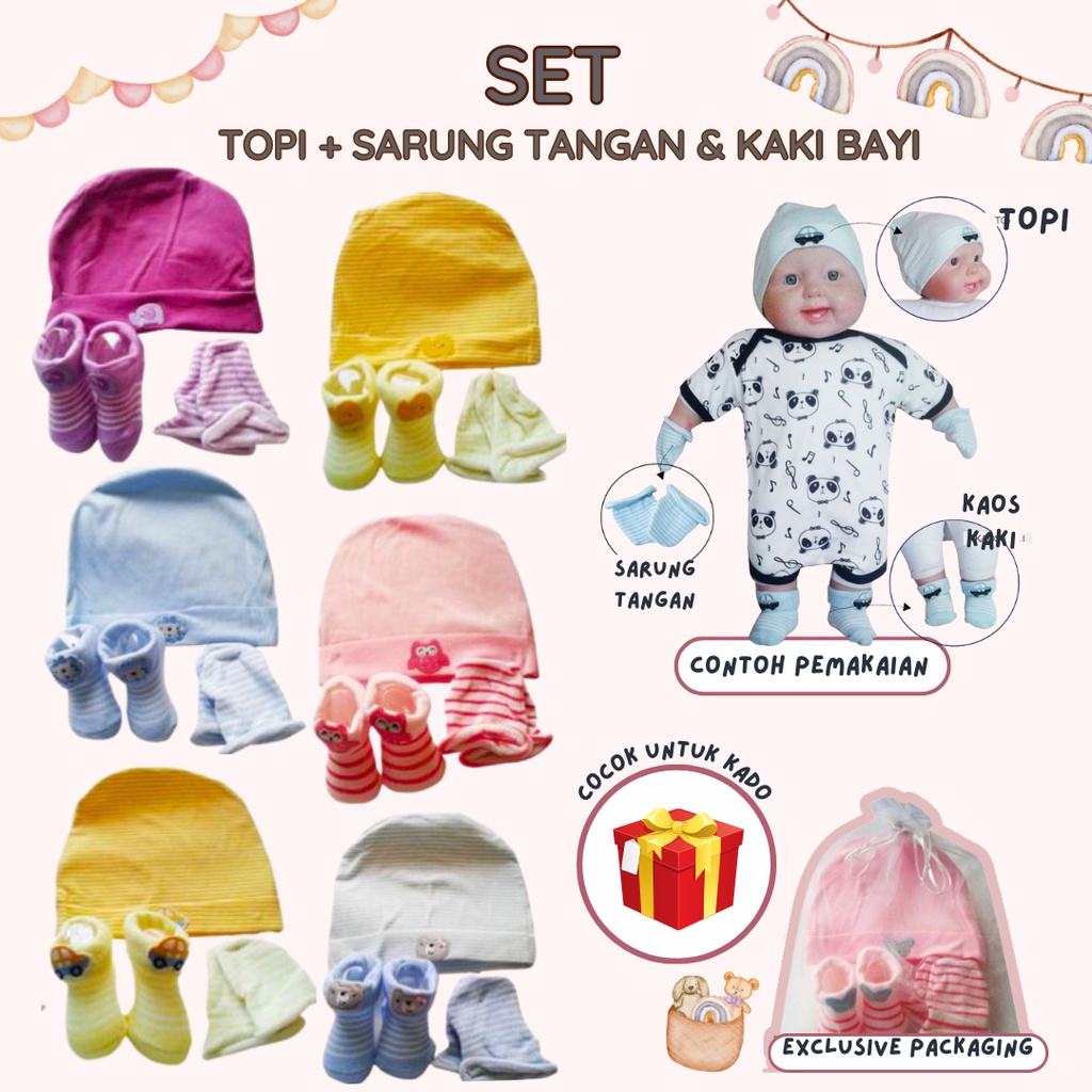 YELLOW BEAR Stripe 3in1 Topi Sarung Tangan Kaos Kaki Bayi Hat Sock Mitten Booties  Bayi stk