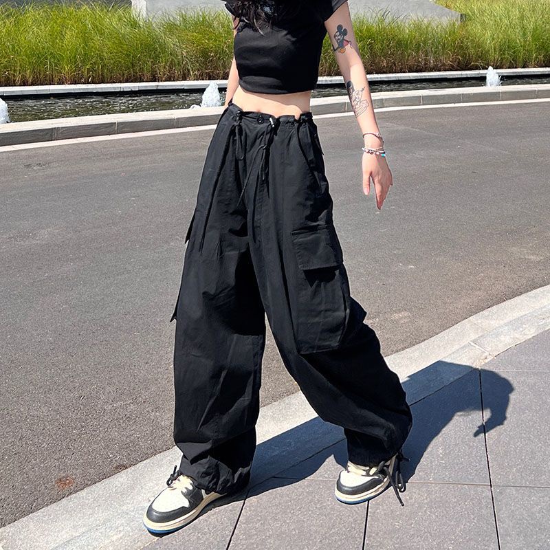Red American retro hitam lebar kaki overall celana kasual wanita musim panas bagian tipis pinggang tinggi celana olahraga longgar celana berkelompok
