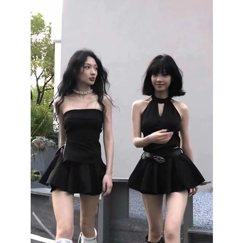 Red Musim panas baru hot gadis gaya slim fit tube top menggantung leher bertali rompi retro all-match kuncup bunga hakama set dua potong