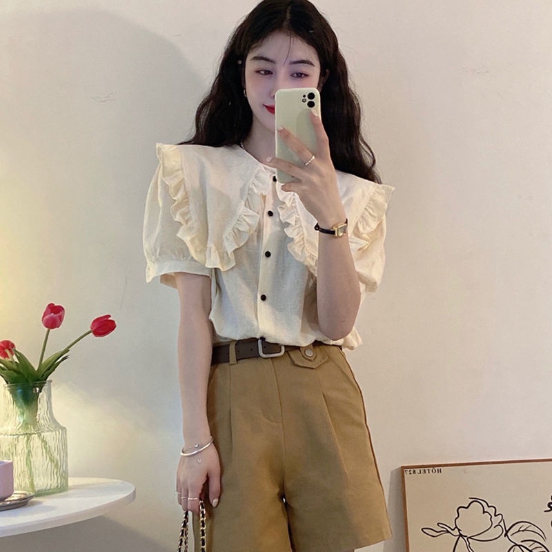 Red [Beri sabuk] Setelan musim panas wanita versi Korea kemeja kerah boneka longgar kasual celana pendek overall lebar kaki set dua potong