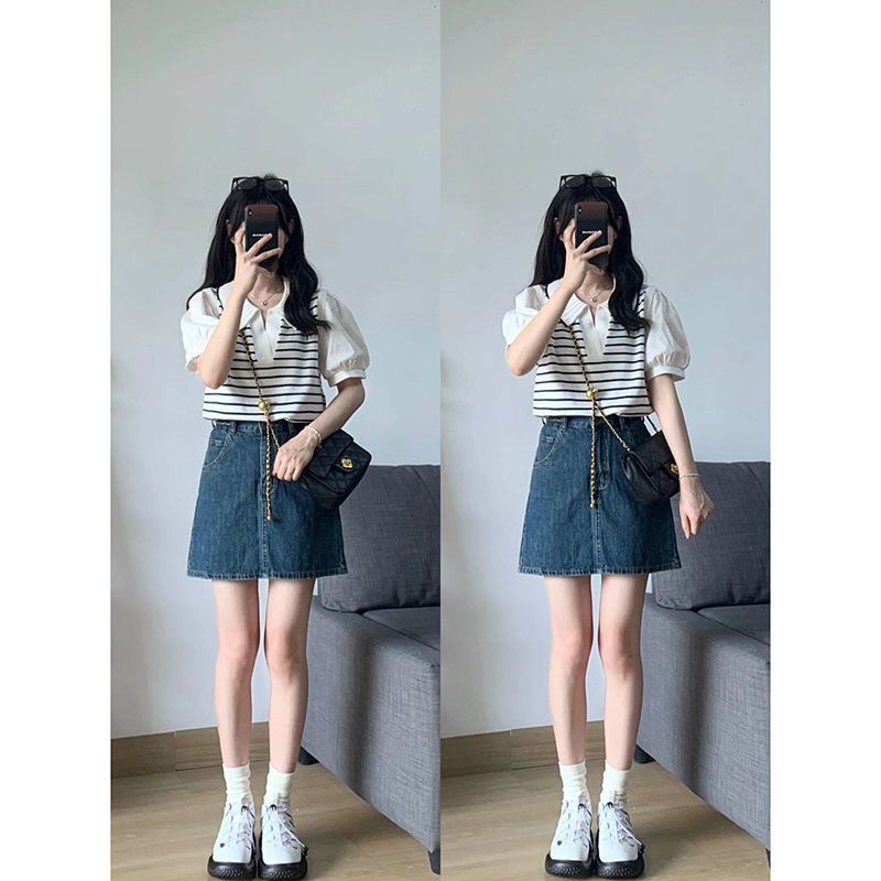 Red 2022 musim panas bergaris palsu dua potong lengan pendek kerah polo t-shirt unik kecil top pendek kartu gaya asing pinggang kemeja kecil untuk wanita.