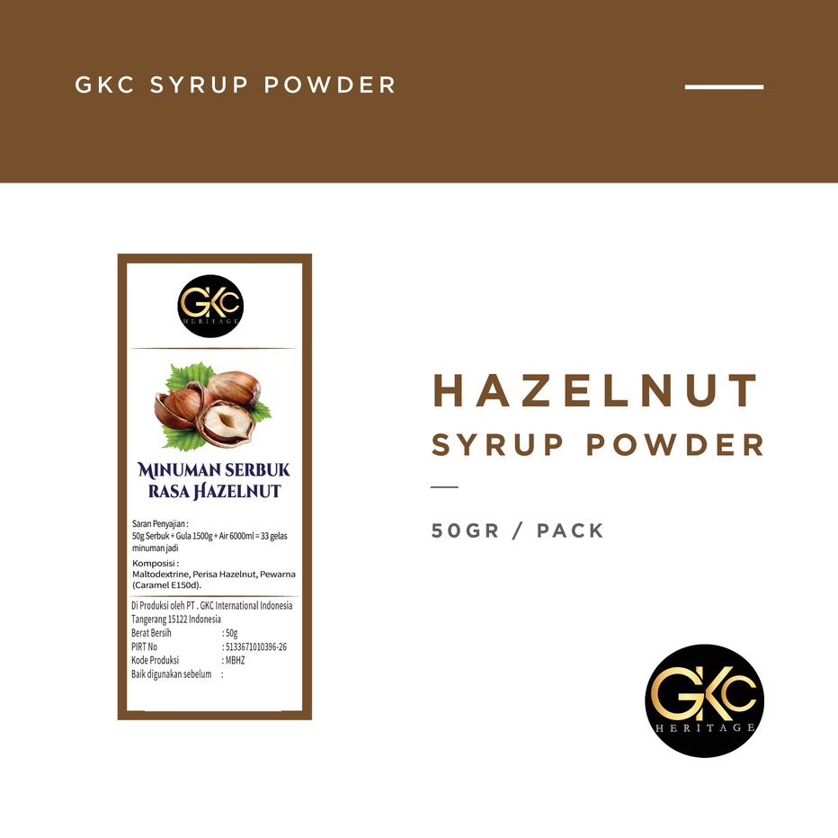 

Dijamin Ori>/ Bubuk Sirup Hazelnut / Powder Syrup Serbuk Minuman Powder Drink GKC Heritage Konsentrat 50 gram