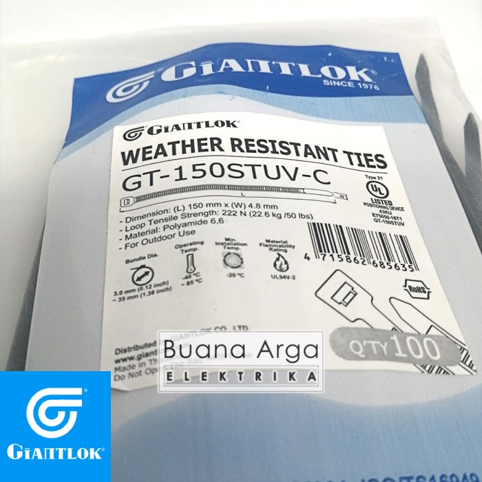 

Best Seller Giantlok Kabel Ties Cable Uv Resistance Gt 150Stc 150 X 4.8 Mm Hitam