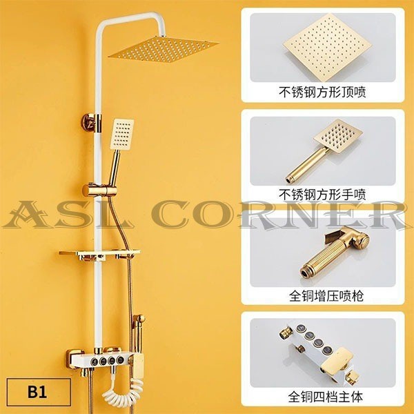 Setshow Shower Tiang Panas Dingin Set 4 Fungsi Sus 304 Putih Gold L0816