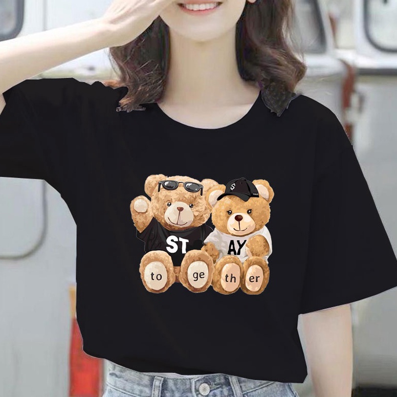 MN.11Jn23p ‣ Baju Kaos Atasan Beruang Bear Stay Together Wanita Kekinian ADLV Lucu Jumbo Oversize Le