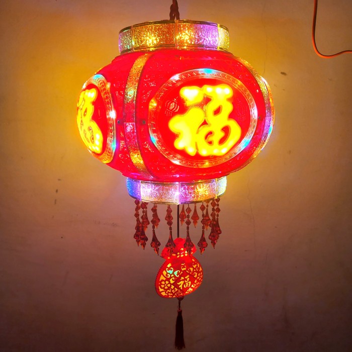 Terlaris Lampion Merah Putar 40 Cm Dekorasi Hoki Fu Lampion Lampu Led Wihara
