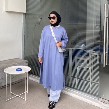 RAABIHA | Emily Longtunik Knit | Tunik Knit Salur | Tunik Belah Knit | Baju Tunik Oversize