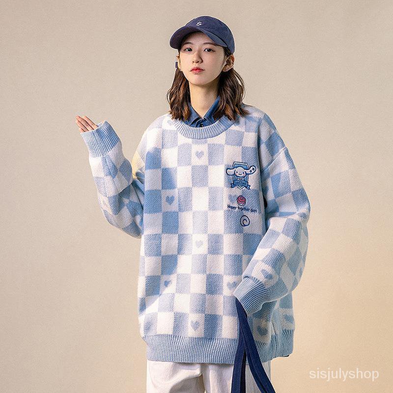 [✅BISA COD] #Sisjuly# Jumper wanita / jumper kotak-kotak wanita / sweater rajutan biru gaya pergurua