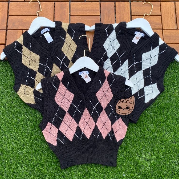 Di⚡kon   Rompi Rajut Crop Rose Blackpink / Argyle Vest Knitted