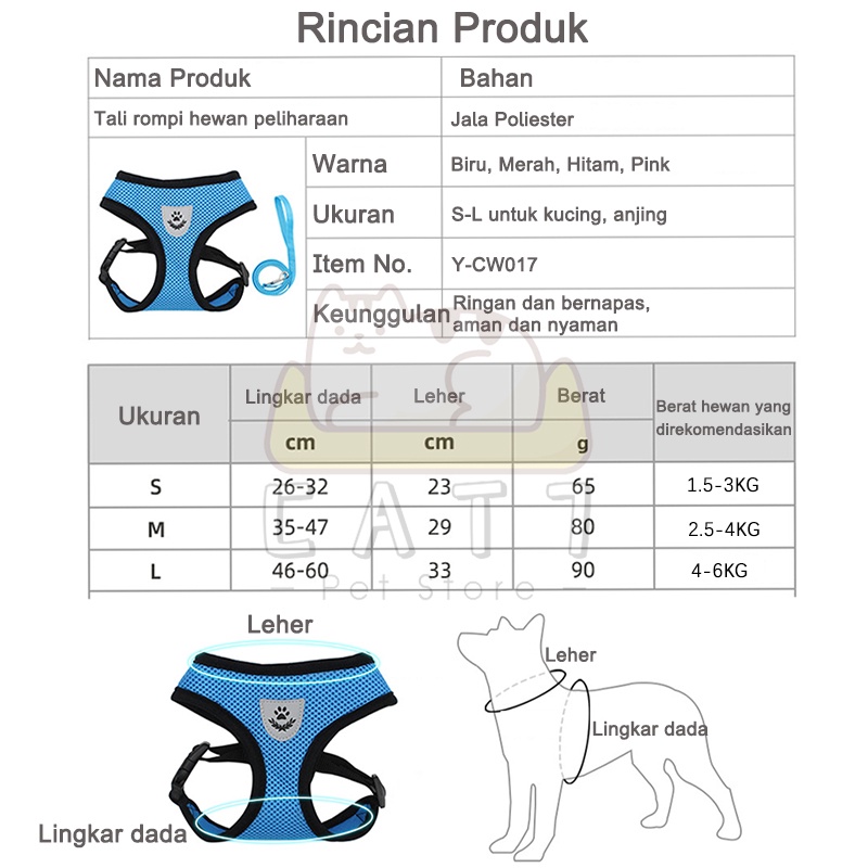 【Cat7】Rompi Kucing Bernapas Rompi Kucing Harness Tali Tuntun Reflektif Harness Kucing Lembut Mesh Rompi Hewan Peliharaan