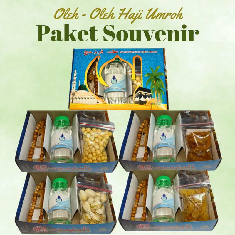 

Paket oleh oleh/souvenir makanan box haji umroh 25pcs 50pcs 100pcs 200pcs 1 set lengkap komplit tasbih kayu, kacang arab, air zam zam + botol 80ml + stiker, kismis simin/sukan, kacang fustuk, kurma khalas