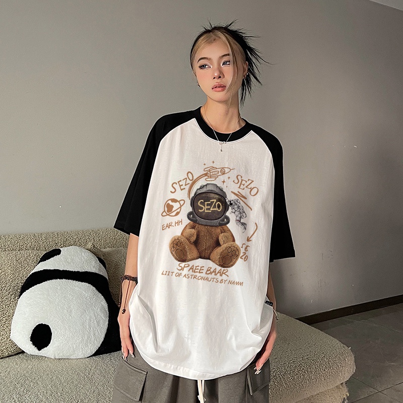 Print T-shirt Kaos Lengan Pendek Cartoon Sezo Aero Bear Printing Oversize Atasan Wanita Korean Style