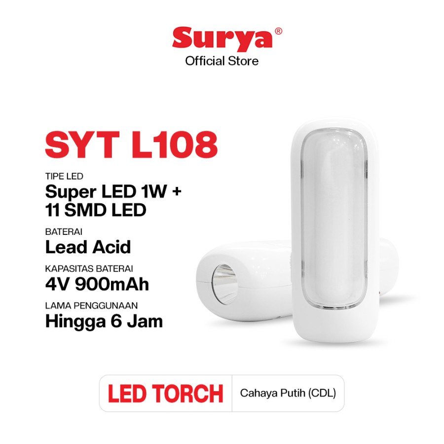 SURYA SYT L108 Lampu Darurat Emergency Lamp Senter Super LED 1W + 11W SMD LED Bisa Cas Tahan 6 Jam