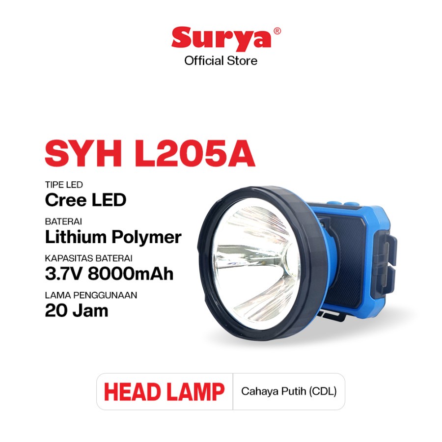 Senter Kepala Surya SYH L205a Cahaya Sinar Putih 20w Head Lamp Emergency Torch Flash White Light Led