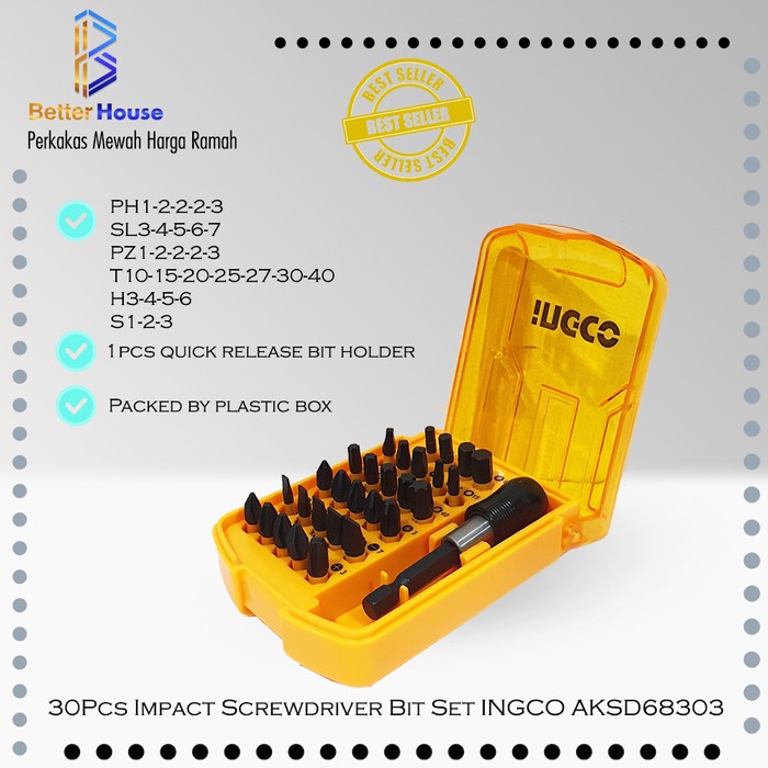 30Pcs Impact Screwdriver Bit Set INGCO AKSD68303 Mata Obeng Plus Minus