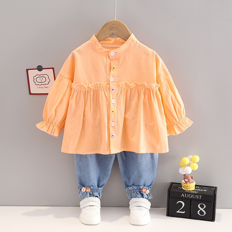 BBI FATIMAH Setelan anak perempuan set atasan kemeja bayi cewek lengan panjang celana jeans model baju muslimah korean style kekinian terbaru motif bunga simpel import kualitas premium cocok untuk jalan OOTD harian usia 1 6 tahun 7091-06