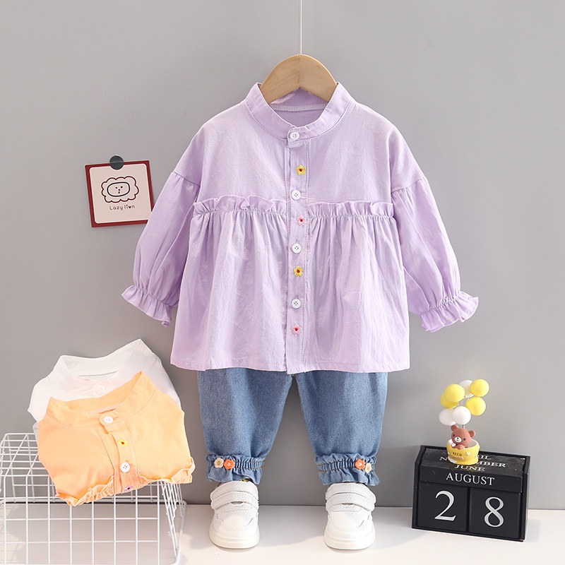 BBI FATIMAH Setelan anak perempuan set atasan kemeja bayi cewek lengan panjang celana jeans model baju muslimah korean style kekinian terbaru motif bunga simpel import kualitas premium cocok untuk jalan OOTD harian usia 1 6 tahun 7091-06