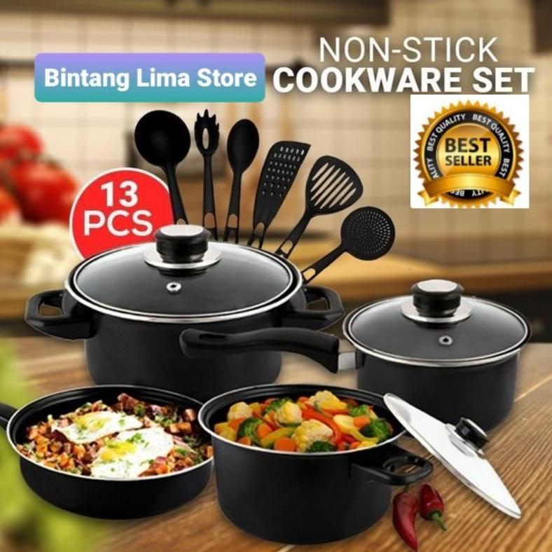 Diskon Panci Masak Tutup Kaca Anti Lengket (Satu Set 13)