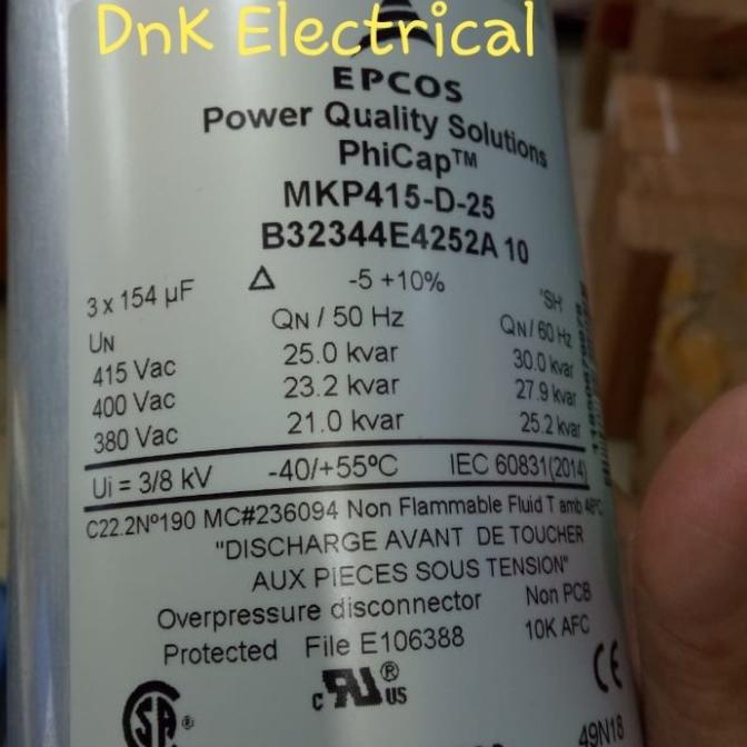 Capacitor/Capasitor/Kapasitor 25Kvar/25 Kvar 415V Epcos Mkp415-D-25